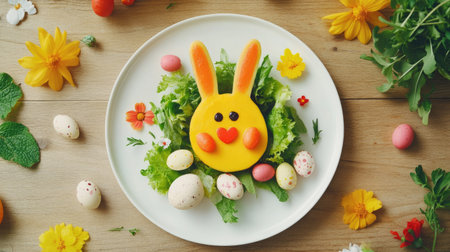 A vibrant vegan Easter salad with fresh greens, colorful vegetables, and a tangy dressing, served on a minimalist white plate with a rustic wooden tableの素材