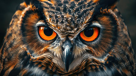 portrait of an Eurasian Eagle Owl staring directly at the camera, its powerful gaze intensified by its striking orange eyes, with this inviting photo.の素材