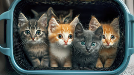Five charming kittens of different colors gathered in a cozy basket. Their playful expressions and soft fur make this a delightful scene for any animal lover.の素材