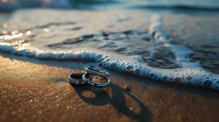 shot of wedding rings on a beach with waves in the background, symbolizing the enduring journey of love. This inviting photo.の素材