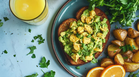 A vibrant vegan Easter brunch spread, including avocado toast, vegan egg salad, and roasted potatoes, served with a glass of fresh orange juiceの素材