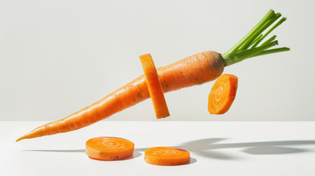 and slices levitating with a shadow on a white background, capturing the vibrant orange color and motion with this inviting photo.の素材