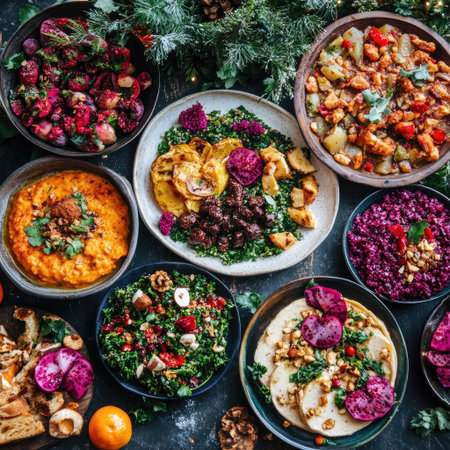 These prompts highlight vegan dishes that fit the festive and wholesome spiriの素材