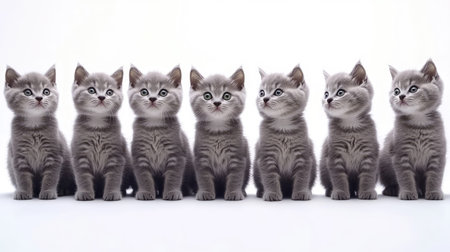 A delightful lineup of seven silver kittens, each displaying a curious expression. Their fluffy coats and bright eyes add charm to any pet-themed collection.の素材