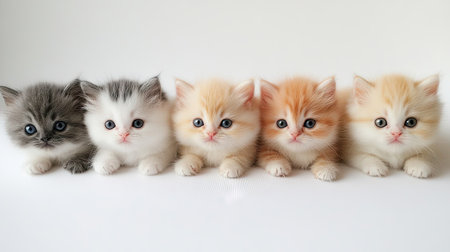 A charming display of five adorable kittens, showcasing their fluffy fur and expressive eyes. Perfect for animal lovers and pet-themed projects.の素材