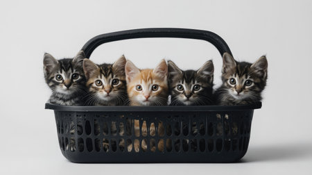 A heartwarming scene featuring five adorable kittens nestled together in a basket, perfect for capturing the cozy moments of playful furry friends.の素材