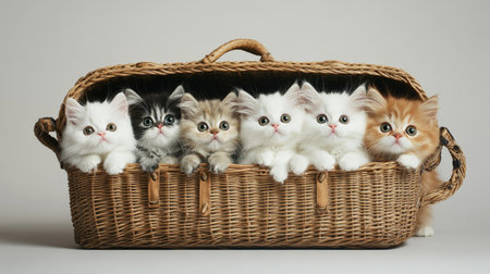 A charming collection of playful kittens nestled in a woven basket, showcasing their adorable features and vibrant personalities in a cozy indoor setting.の素材