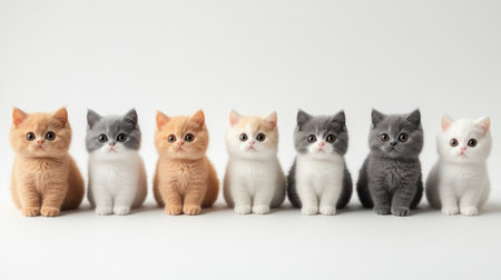 A charming row of six British Shorthair kittens showcasing playful personalities and adorable expressions against a clean studio background.の素材