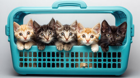 Five adorable kittens peek out from a bright blue basket, showcasing their charming expressions and vibrant fur. Perfect for animal lovers and cat enthusiasts!の素材