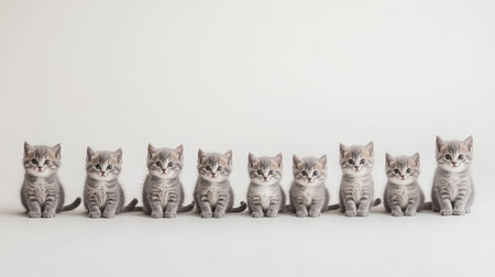 A charming lineup of playful gray kittens, each displaying unique expressions. This adorable group captures the essence of youthful innocence and joy.の素材
