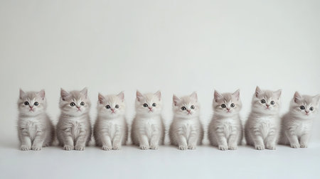 A delightful lineup of seven charming silver kittens, showcasing their playful personalities. Perfect for pet lovers and animal photography enthusiasts.の素材