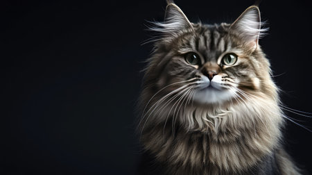 This mesmerizing portrait captures a fluffy Persian cat with long fur, set against a dark background. The cat's expressive eyes and luxurious coat add charm to any collection.の素材
