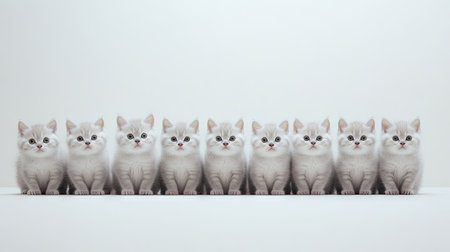 A charming scene featuring a row of seven adorable silver patterned cats. Each cat displays unique expressions, showcasing their playful and friendly nature against a minimal background.の素材