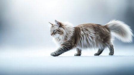 A beautiful Siberian cat walks gracefully through a serene environment, showcasing its fluffy fur and elegant posture in soft light. Perfect for animal lovers.の素材