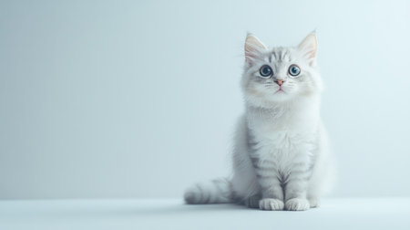 This charming cat sits upright with a soft curl of fur, showcasing a captivating expression. Its gentle demeanor and beautiful features create a serene and delightful portrayal.の素材