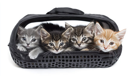 Four adorable kittens with unique coat colors relax in a pet carrier, showcasing their playful and charming personalities. Perfect for animal lovers!の素材