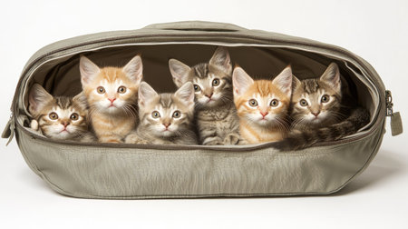 A charming collection of six kittens nestled in a cozy bag, showcasing an array of unique coat colors. Perfect for cat lovers and pet photography.の素材