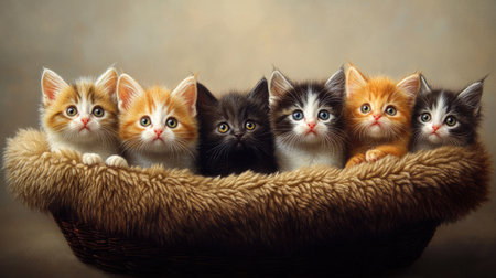 A charming group of multicolored kittens sits together in a cozy basket, showcasing their playful and adorable nature. Perfect for animal lovers!の素材