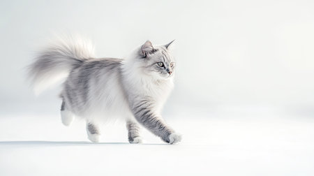 A beautiful Siberian cat walks gracefully in soft light, showcasing its stunning fur and elegant features, perfect for animal lovers and cat enthusiasts.の素材