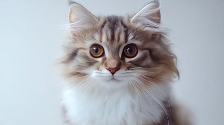 Front view of an American Curl cat with striking features, displaying its big eyes and fluffy fur. Perfect for pet lovers and animal enthusiasts.の素材