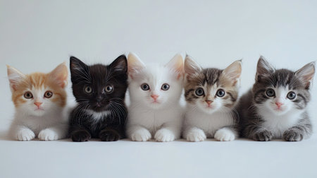 A charming image of five adorable kittens lined up, showcasing their unique colors and playful expressions. Perfect for cat lovers and animal enthusiasts.の素材