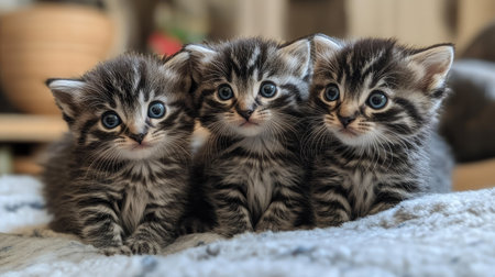 This charming image features a group of three American Curl kittens, displaying their adorable personalities and captivating blue eyes. Perfect for pet lovers!の素材