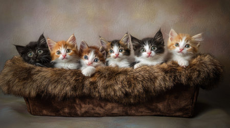 A charming arrangement of small, multicolored kittens nestled in a cozy basket, showcasing their playful personalities and adorable expressions. Perfect for animal lovers!の素材