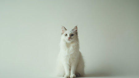 A beautiful fluffy American Curl cat sitting gracefully against a soft backdrop. This serene image captures the elegance and charm of a quiet feline companion.の素材