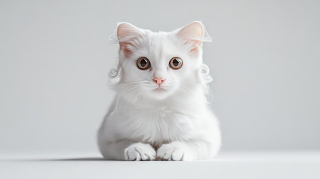 A stunning portrait of an American Curl cat with soft white fur and expressive eyes. The serene setting highlights its unique curls and graceful presence.の素材