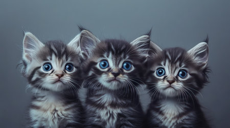This charming image features three adorable black kittens with striking blue eyes, showcasing their playful and innocent nature. Perfect for pet lovers!の素材