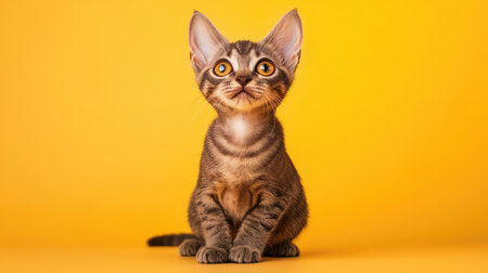 A charming brown tabby Devon Rex kitten sitting against a bright yellow background, showcasing its playful and curious demeanor. Perfect for cat lovers!の素材