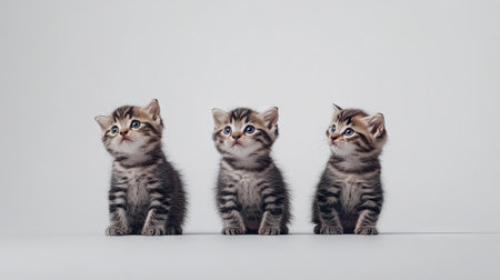 A charming trio of playful American Curl kittens sitting together, displaying their adorable features and curious expressions. Perfect for animal lovers!の素材