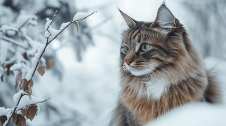 A majestic Siberian forest cat sits gracefully in a winter landscape, showcasing its lush fur and captivating green eyes amidst snow-covered branches.の素材