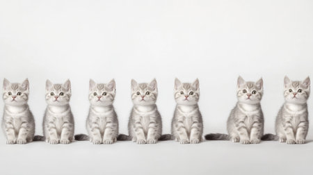 This charming image features six adorable British Shorthair kittens sitting in a perfect line. Their fluffy gray fur and innocent expressions are sure to melt any heart. Perfect for cat lovers!の素材