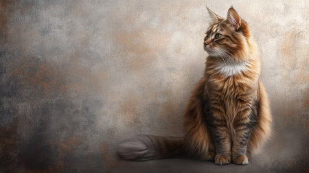 A stunning Siberian Forest Cat posed elegantly against a textured backdrop. The cat's striking orange and brown fur enhances its calm demeanor, capturing beauty and elegance.の素材