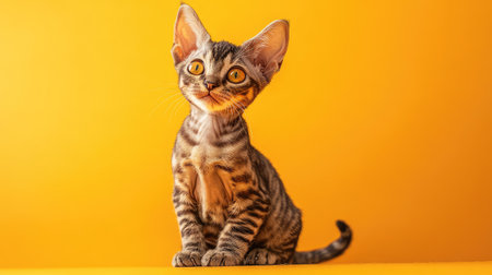 This charming Devon Rex kitten showcases a playful yet relaxed demeanor, with striking features against a bright orange background, perfect for visuals of cuteness and warmth.の素材