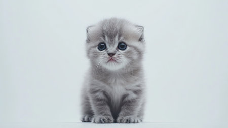 This striking image features an adorable Scottish Fold kitten sitting with a curious expression. The soft gray fur and large eyes invite warmth and charm, making it a perfect portrait for animal lovers.の素材