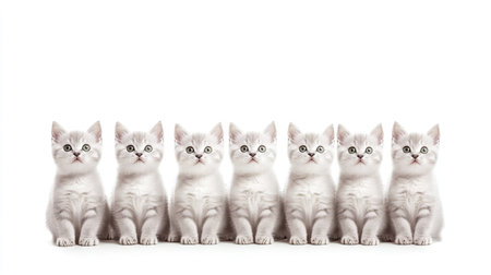 A delightful scene featuring seven silver British Shorthair kittens arranged in a neat line. Their adorable expressions and fluffy fur create a charming visual perfect for cat lovers.の素材