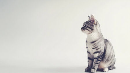 A serene portrait of a relaxed silver American Shorthair cat in profile. The cat's calm demeanor and soft fur create a heartwarming image ideal for pet lovers.の素材