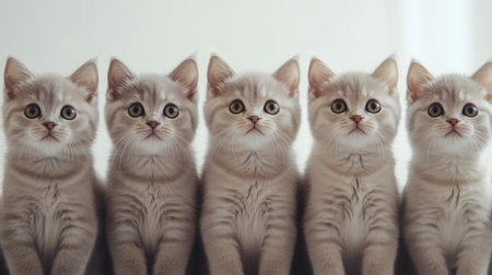 A charming image of five silver kittens lined up. Their expressive eyes and soft fur evoke warmth and cuteness, perfect for animal lovers and pet enthusiasts.の素材