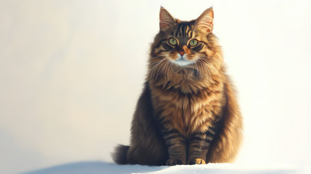 A stunning Siberian cat sits majestically in a serene winter landscape, showcasing its fluffy fur and captivating eyes, embodying natural beauty and grace.の素材