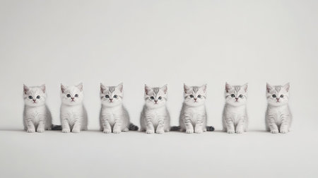 A charming display of seven adorable silver British Shorthair kittens sitting in a row, showcasing their playful nature and distinctive patterns against a clean background.の素材