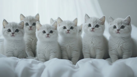 A delightful gathering of silver British Shorthair kittens with playful expressions. These fluffy companions exude charm and innocence, perfect for capturing heartwarming moments.の素材
