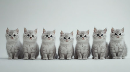 A charming group of cute silver British Shorthair kittens sitting in a row, showcasing their playful nature and adorable expressions in a serene setting.の素材