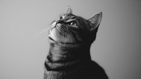 A regal American Shorthair cat sits gracefully, gazing upward with bright green eyes. Its sleek coat and curious expression capture serene beauty and elegance.の素材