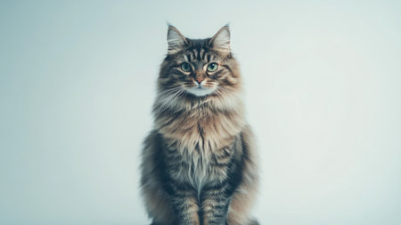 This stunning portrait features a majestic Siberian cat sitting gracefully. With its luscious fur and captivating eyes, it epitomizes elegance and charm. Perfect for pet lovers.の素材