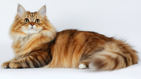 A majestic Siberian cat sitting gracefully with a regal posture. The feline displays stunning fur tones and captivating eyes, creating an elegant atmosphere.の素材