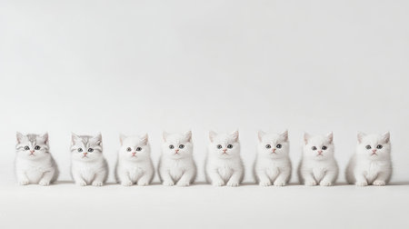 A charming image of eight cute kittens lined up on a white background, showcasing their fluffy fur and playful expressions. Perfect for cat lovers!の素材