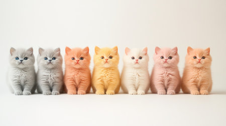 A delightful arrangement of British Shorthair kittens showcases their vibrant colors and adorable expressions, perfect for animal lovers and pet enthusiasts.の素材