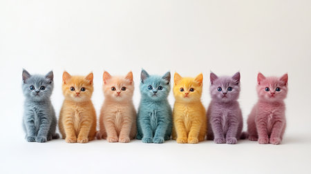 A charming row of colorful British Shorthair kittens showcases playful expressions and fluffy fur, capturing the joy and innocence of these adorable pets.の素材